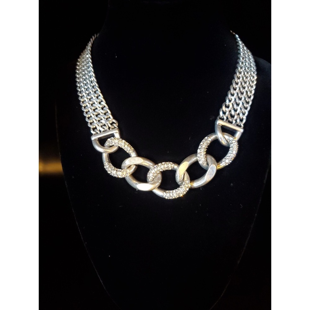 Premier Designs Silver & Rhinestone Curb Link Multi Strand Chain Choker Necklace